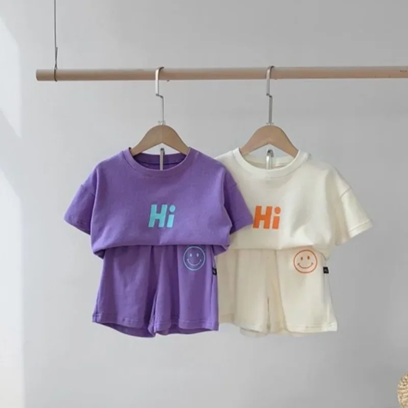Boys' Short Sleeved Shorts Two-piece Set with Printed Letters HI Solid Color Boys' Treasure Children's Summer Clothing Set