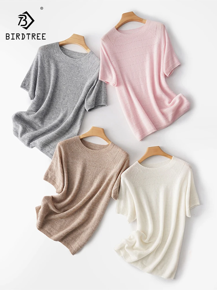 

BirdTree, 50%Sheep Wool 7.6%Cashmere Elegant Sweater, Women Short Sleeve Thin, Seamless Knit Tops, 2024 Summer Autumn T47529QC