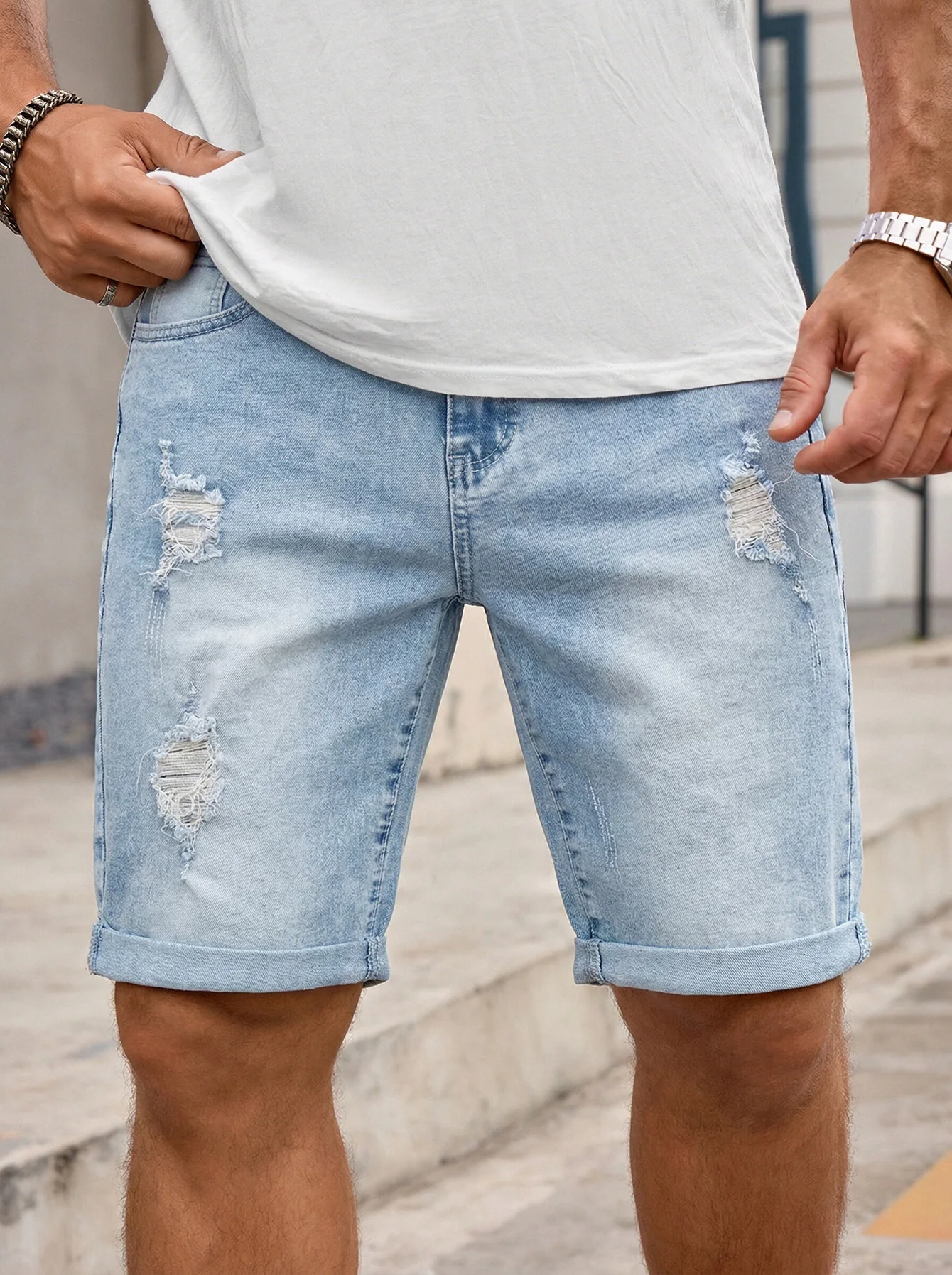 Men Denim Jeans Pants Clothing Trousers Shorts Men's Light Wash Ripped Rolled Cuff Denim Shorts