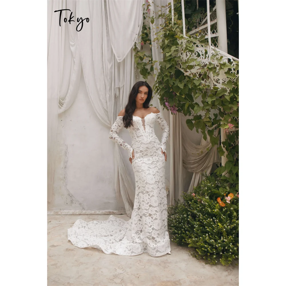 

Tokyo Off Shoulder Floral Lace Long Sleeve Wedding Dress Deep V Neck White Bridal Gown Sexy Mermaid Formal Evening Gown Train