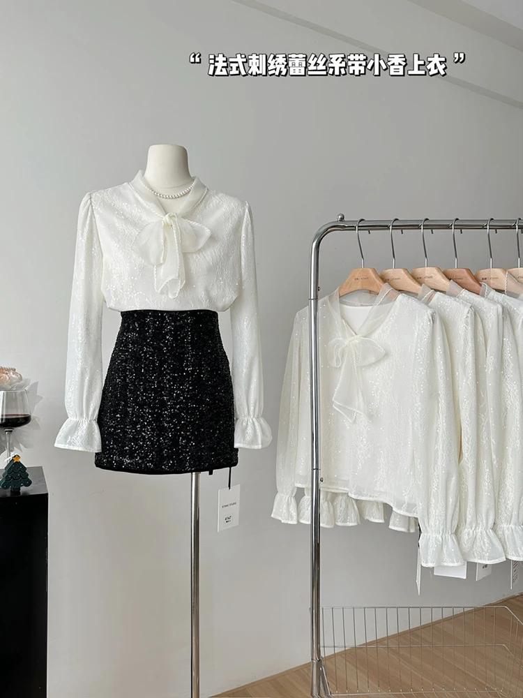 

Bow Knot Lace Up Chiffon Blouse Women High Street Casual Solid Color Shirts Female Temperament Top