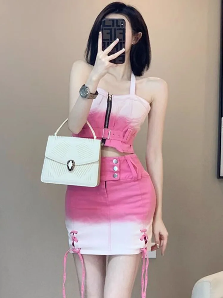 

2024 Summer Gradient Denim Sexy Women Suit Elegant Zipper Suspenders Crop Tops And High Waist Bodycon Mini Skirts Two Piece Set