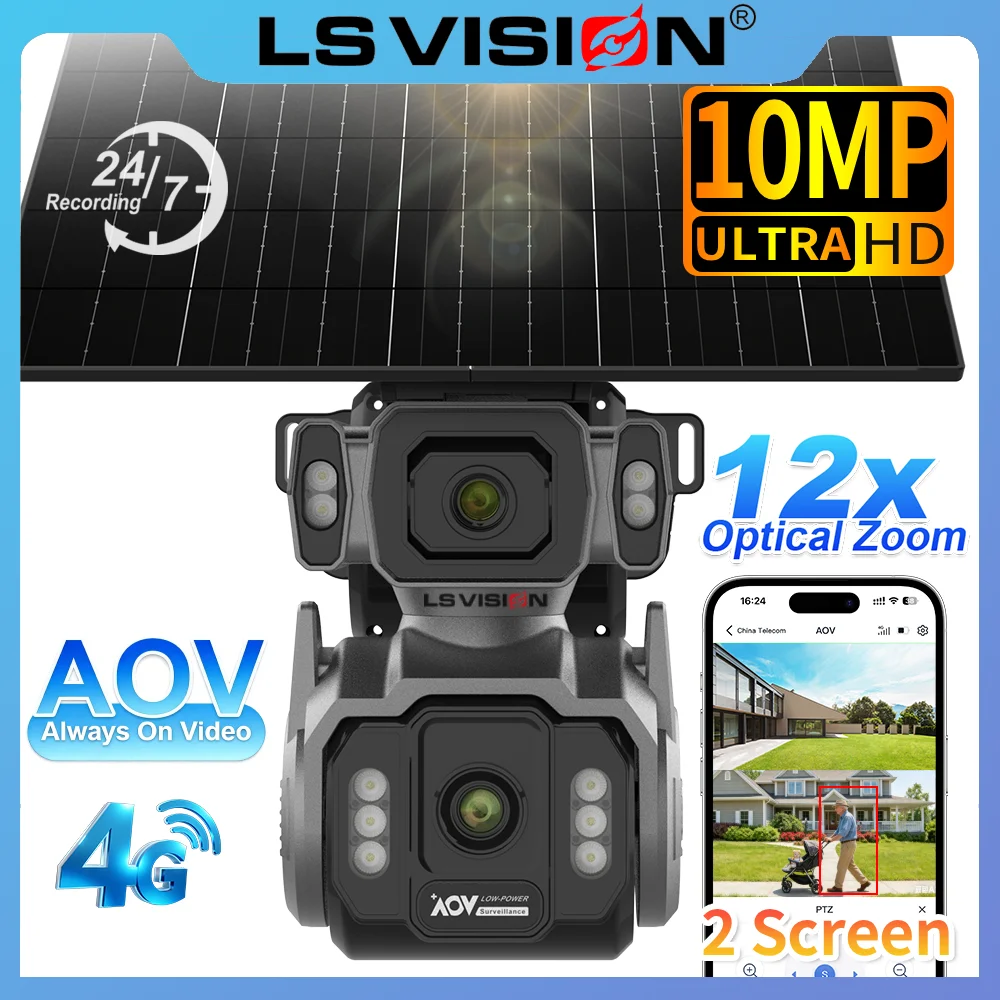

LS VISION 10MP 12X Zoom Outdoor Solar Camera 24/7 Recording 4G AOV Dual Screens Auto Zoom Tracking Battery Cameras CCTV Security