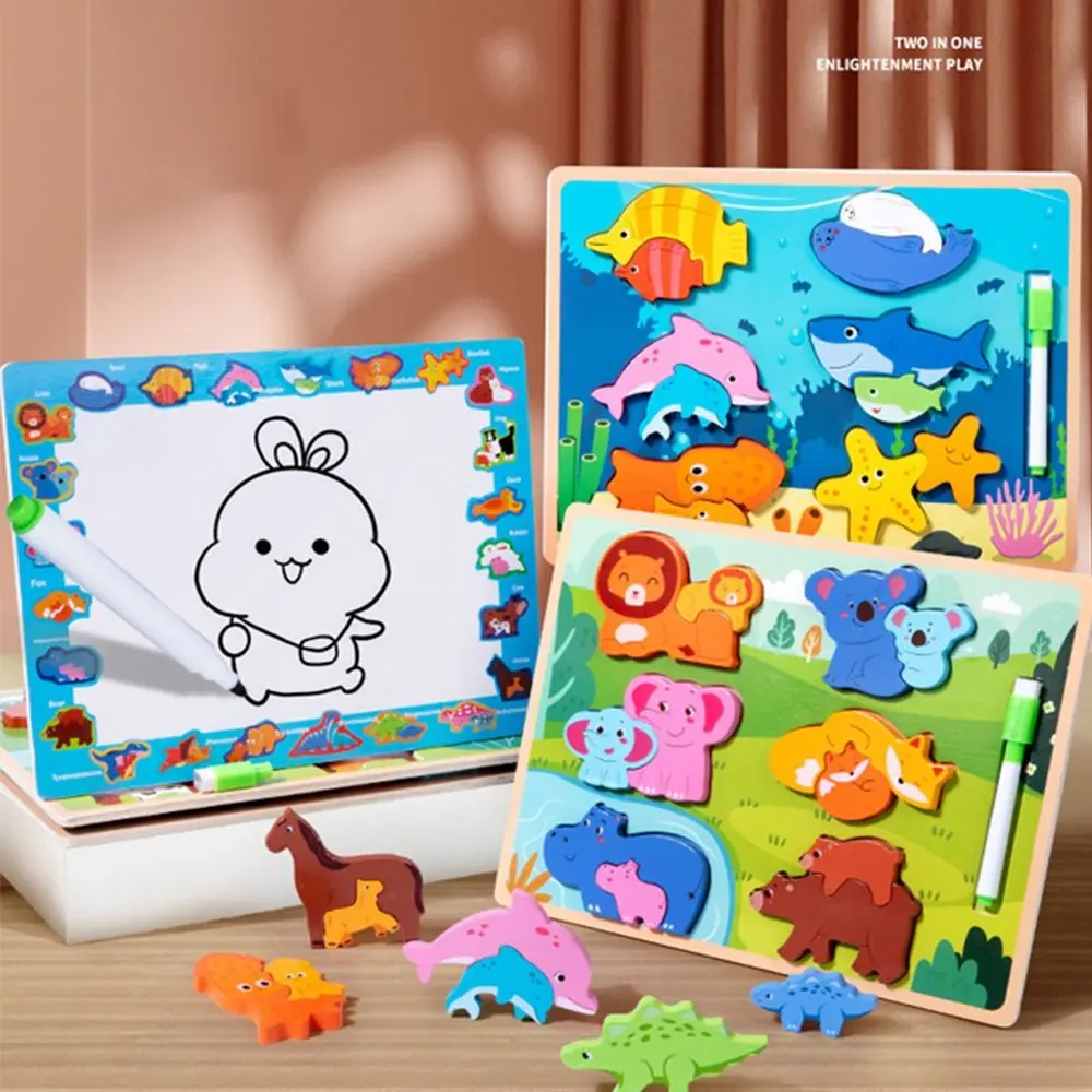 

Cartoon Wooden Cartoon 3D Puzzle 2 In 1 Multiple-topic Baby Montessori Toys With Water Color Pen Interactive Game Animal Jigsaw