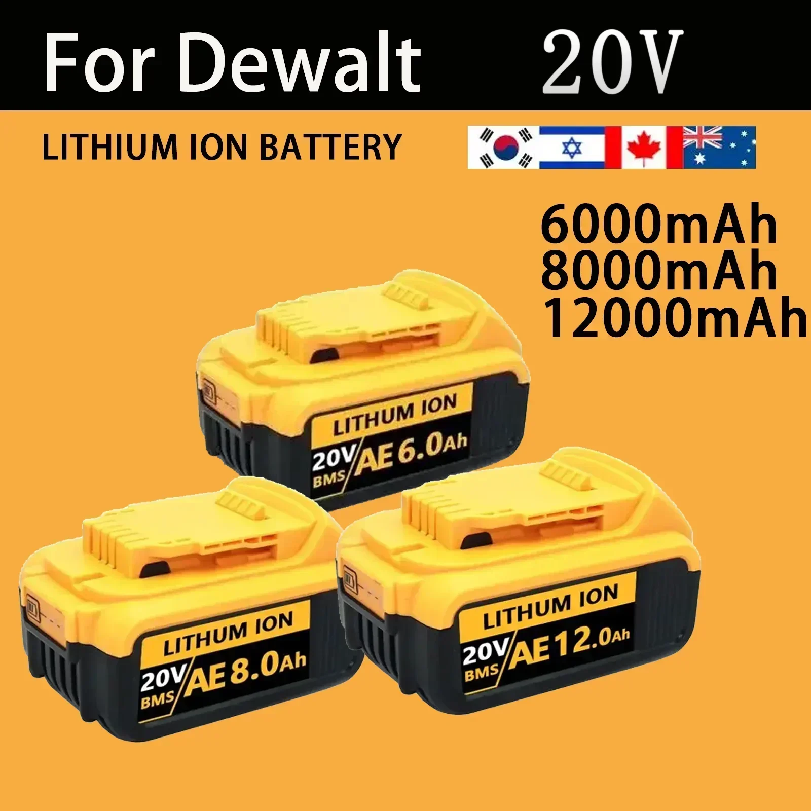 100%  20V 6.0Ah-12.0Ah DCB200 replacement lithium-ion battery, suitable for DeWalt DCB205 DCB201 DCB203 electric tool battery