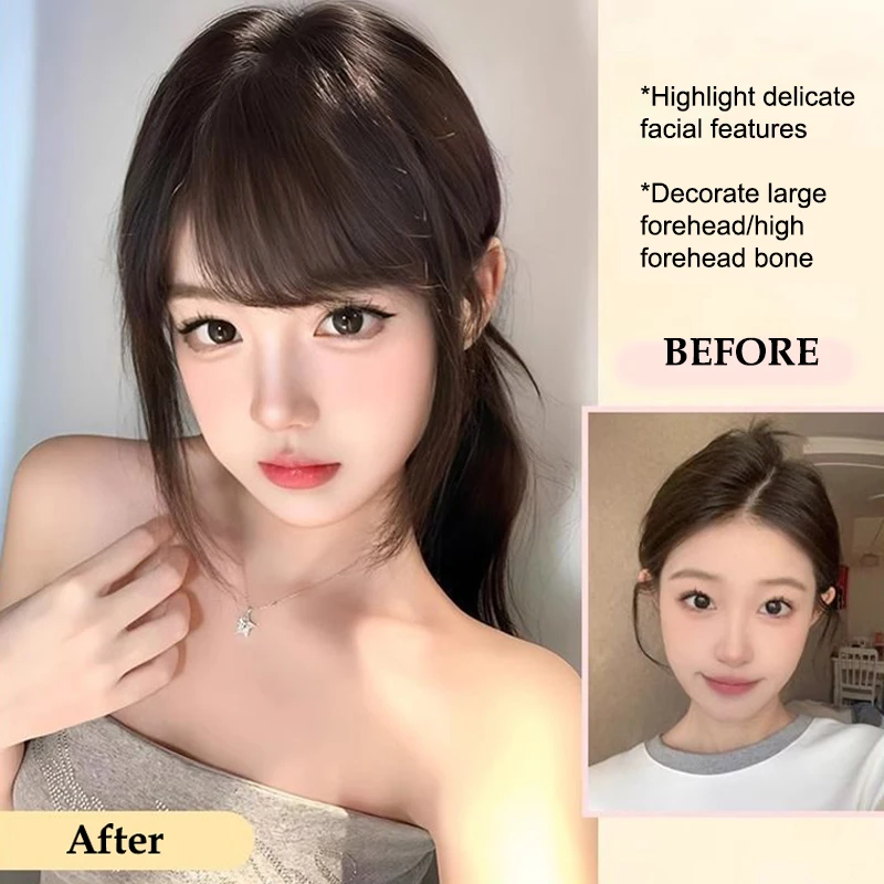 وصلة شعر صناعية غير مرئية على شكل غرة هوائية - قطعة شعر ذات أهداب أمامية باللون الأسود أو البني، إكسسوارات شعر أنيقة للنساء