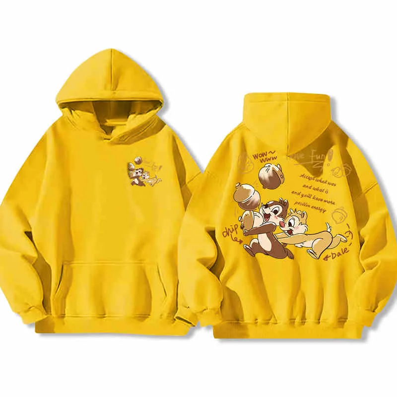 Disney Chip And Dale Sweatshirt Womens Hooded Autumn Cartoon Squirrel Print Pure Cotton Loose Coat Trendy Unisex Long Sleeve Top