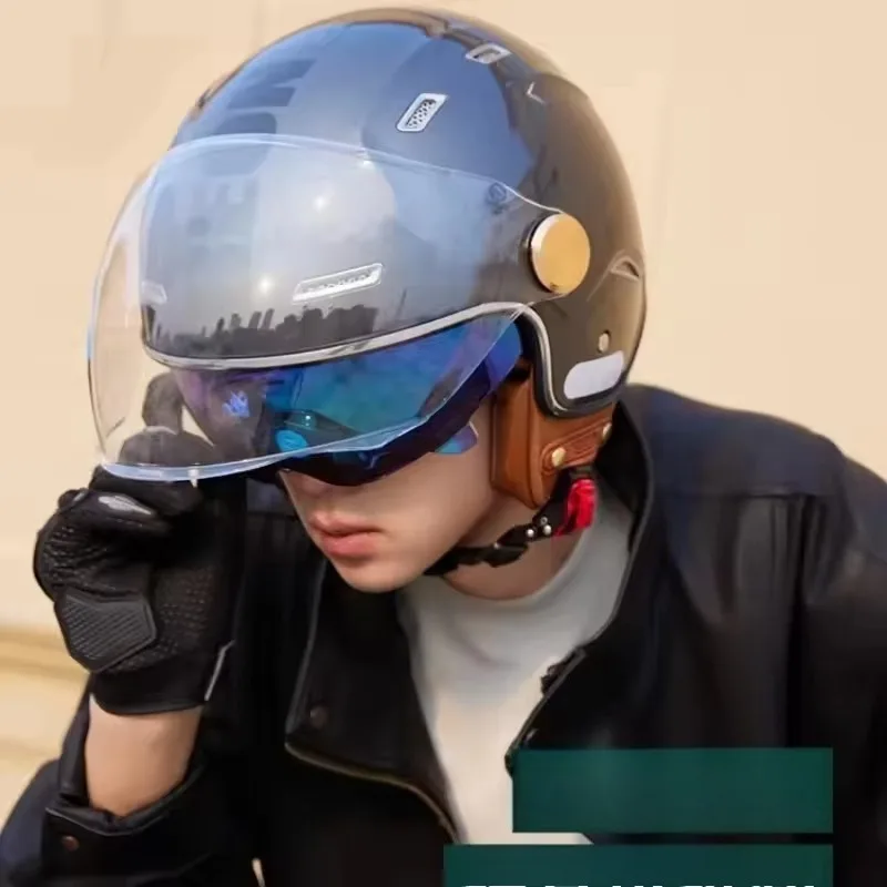 BEON Retro Motorcycle Helmet Half Capacete Open Face Double Lens Casco Electric Motobike DOT ECE Casque Scooter Sunscreen
