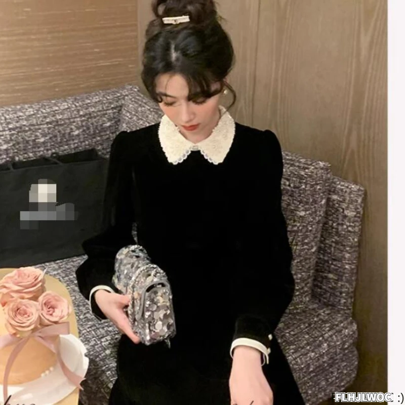 Black Velvet Dresses New Design French Style Women Fashion Long Sleeve Elegant Ruffles Lace Beaded Pearl Dress Feminine Vestidos