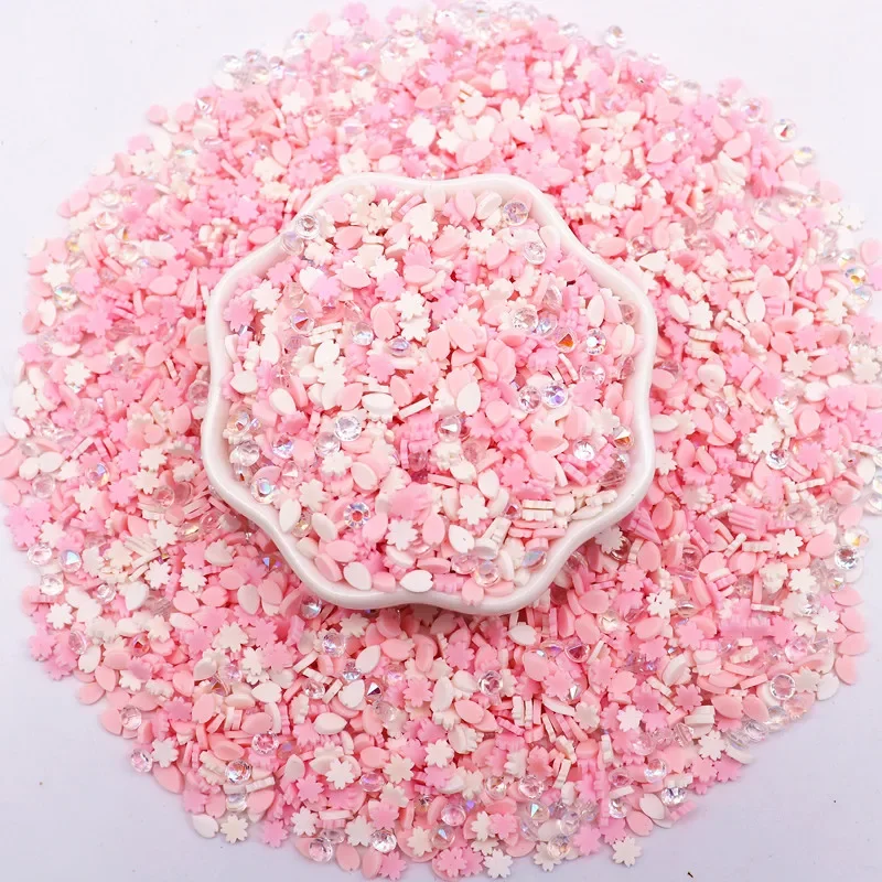 50g 5mm Pink Series Sakura Clay Slices with Fake Diamond Polymer Clay Sprinkles for Shaker Project Slime Crafts Accessories