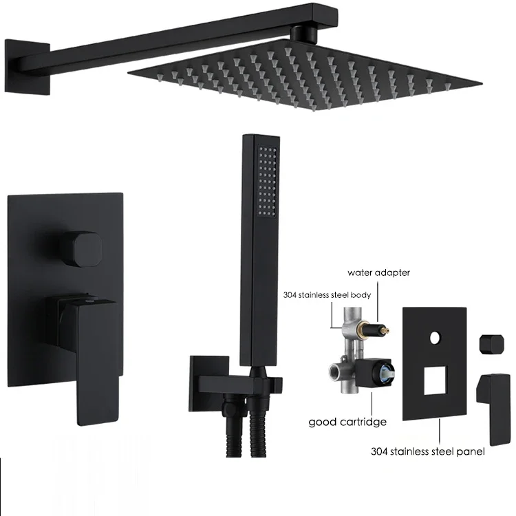 Shower System High Pressure Douche Square Shower Set Wall Mounted 12-inch Stainless Steel Modern Hotel Bathroom Concealed Black