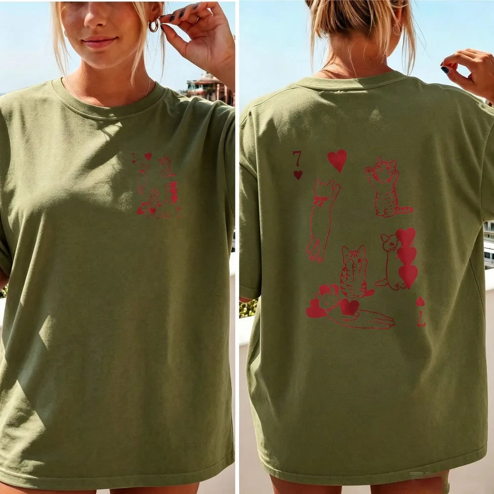 Women Red Line Heart Playing Cats Playing Card Graphic T Shirt Cute Sketch Kitty Poker Element Cotton Lovely Pet Owner Blouse