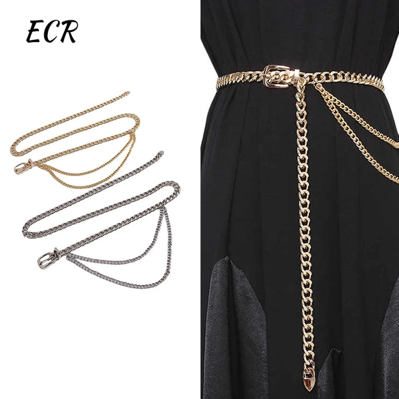 ECR Patchwork Metal Chain Cummerbunds For Women Cut Out Belt Adjustable Casual Belt Spring Korean Female Fashion Simple Style