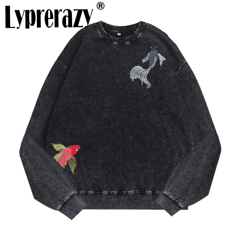 

Lyprerazy Men's New Chinese Koi Embroidery Autumn Loose Crew Neck Long Sleeve Washed Casual Couple Sweater Pullover Sweater