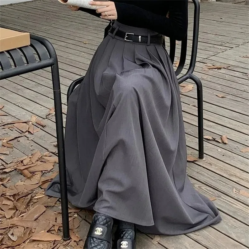 

2026 Women High Waist Jupe Korean Pleating Swing Skirt Vintage Fashion Spring Office Falda Holiday Loose Solid Long Skirt