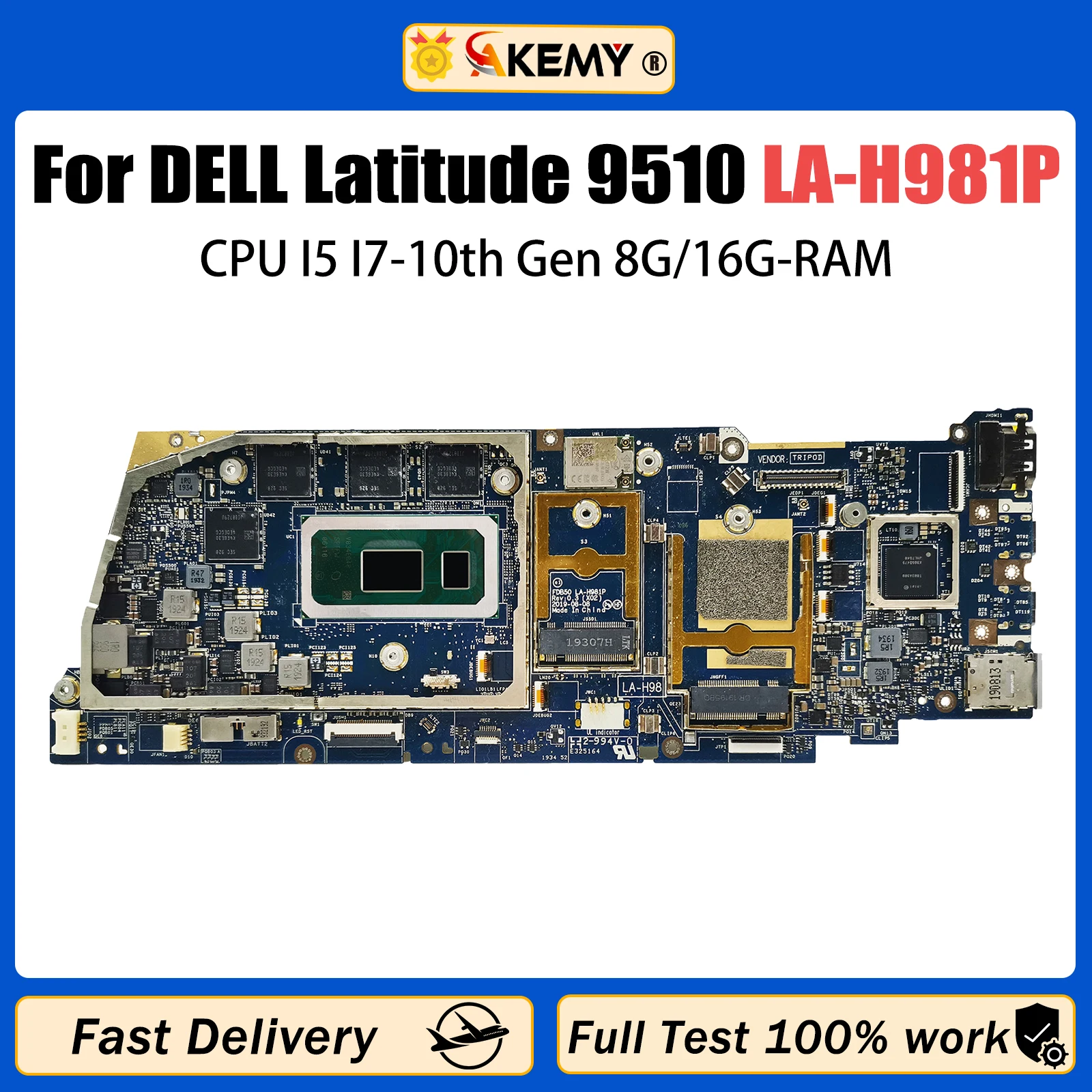 AKEMY LA-H981P For DELL Latitude 9510 Laptop Motherboard I5-10210U I7-10810U RAM 8G/16G 0X20H5 097KR9 0X1G65 Notebook Mainboard