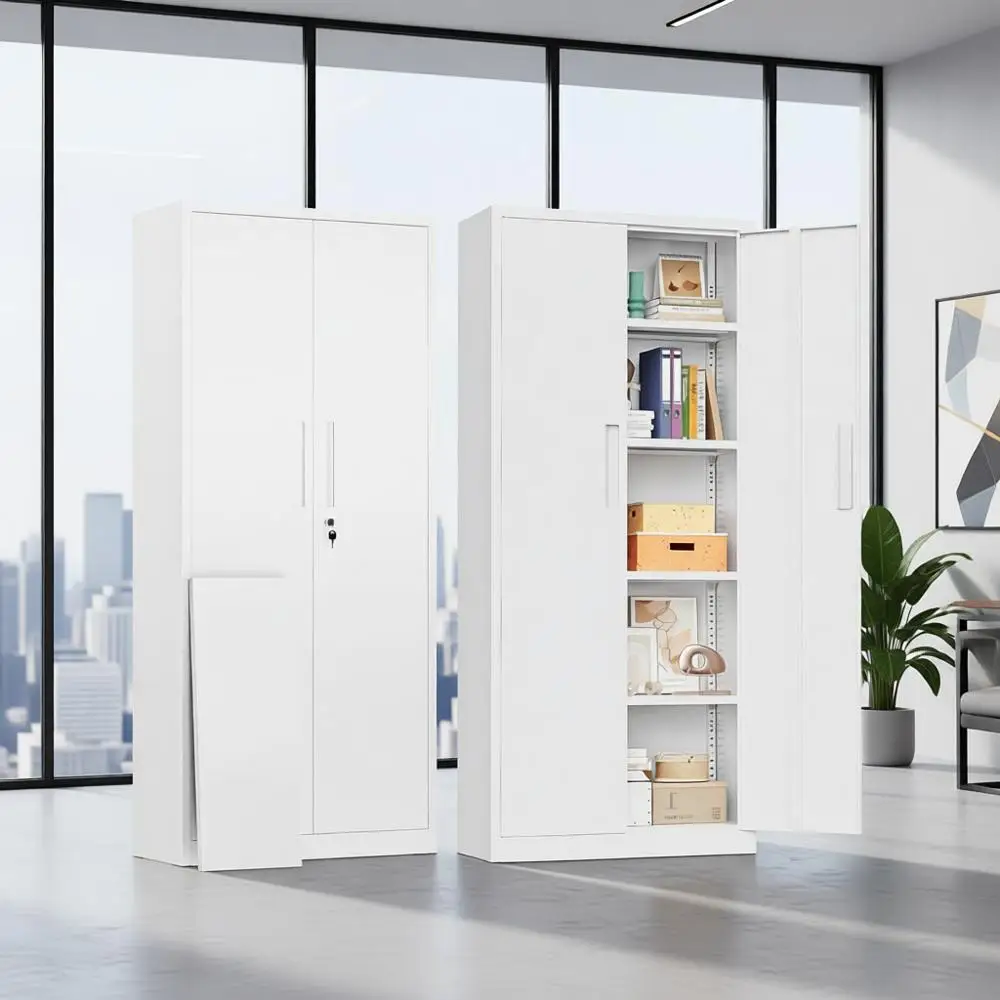 

White 63 Tall Steel Locker Cabinet with Lock, 4-Shelf Storage Organizer for Home, Garage, Office, Warehouse, School