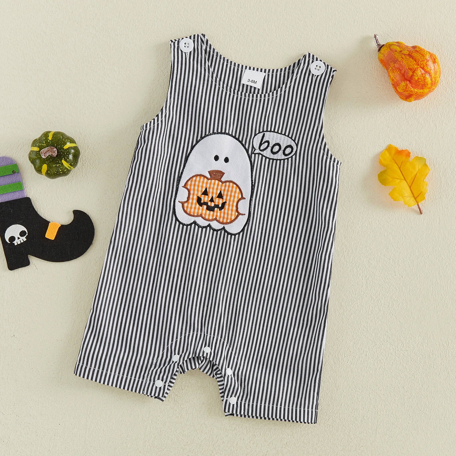 Baby Boy Halloween Romper Embroidered Striped Crew Neck Sleeveless Jumpsuit Playsuits