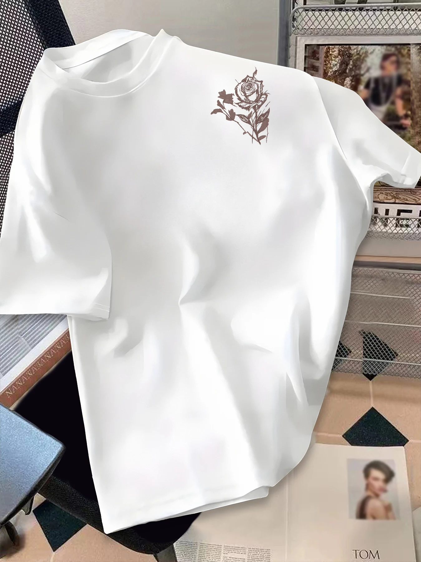 Men Hip‑Hop T‑Shirt Art Sketch Rose Handwritten Font Back Print Polyester Fashion Short Sleeve Tops S‑XXL