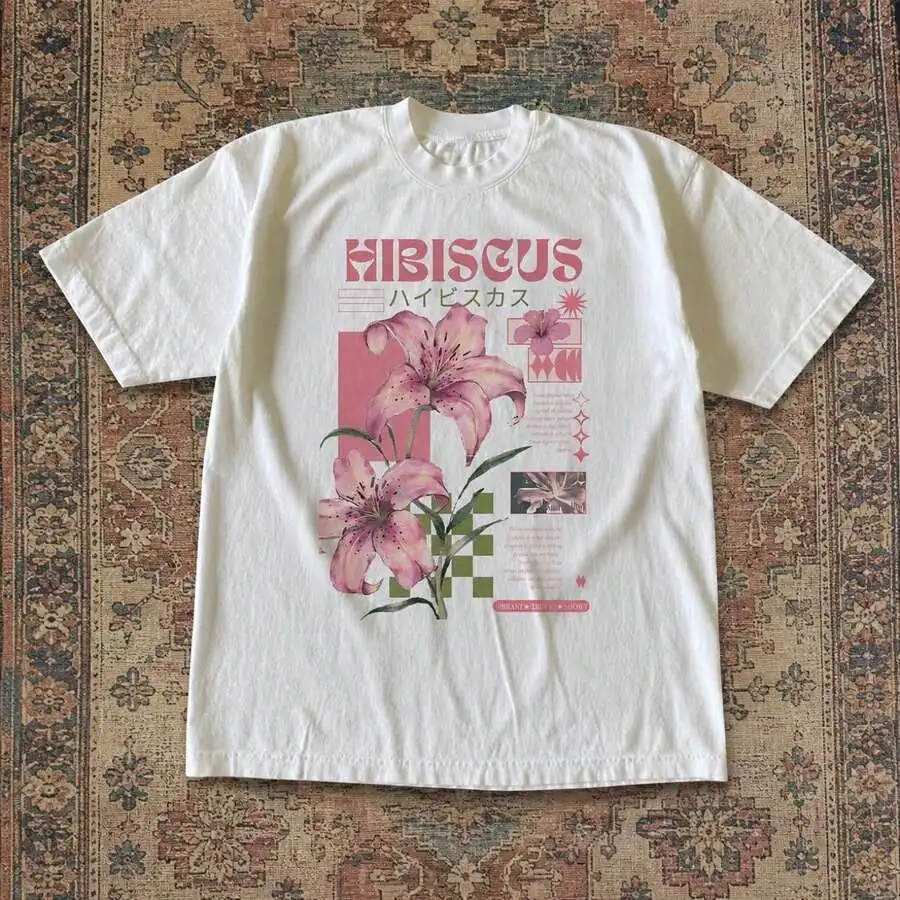 Unisex Y2K Boho Aesthetic Casual Tops 1Pc Crew Neck Short Sleeve Hibiscus Lily Collage Retro Japanese Text Floral Art Graphic Print Tees