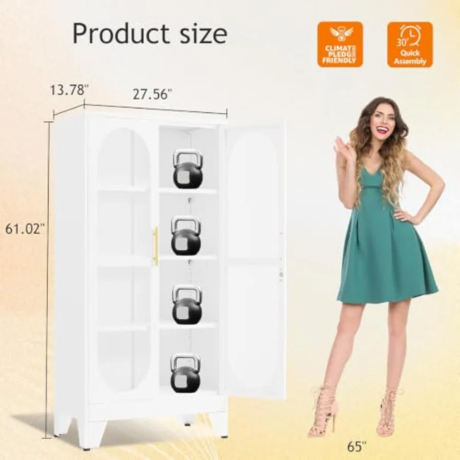 61 Tall Metal Curio Cabinet for Collectibles Display, White Glass Door Showcase with 4-Tier Adjustable Shelves, Locking Liquor