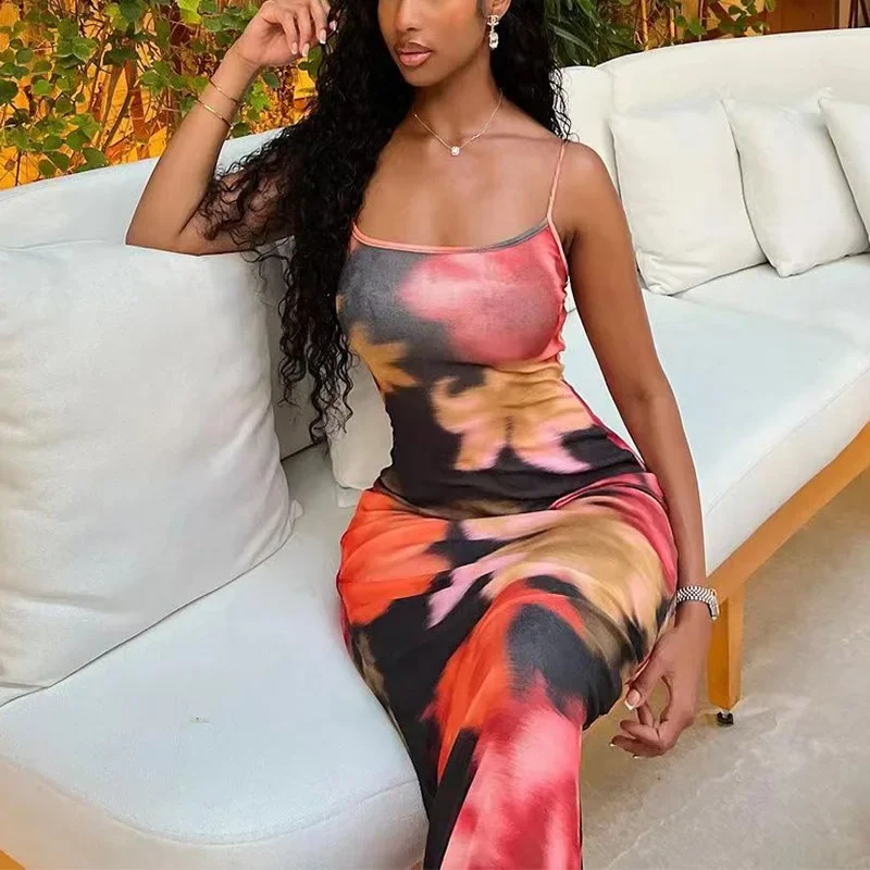 CPSYMYM Women Sexy Summer Sling Dress Vintage Sleeveless Backless Flower/Leopard Print Bodycon Long Dresses for Cocktail Party C