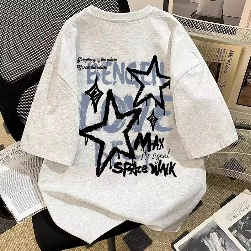 

Unisex Extra Large Size 300 Pounds Star Letter Graffiti Print Short Sleeve T-Shirt Pure Cotton Summer New Couple's Clothing