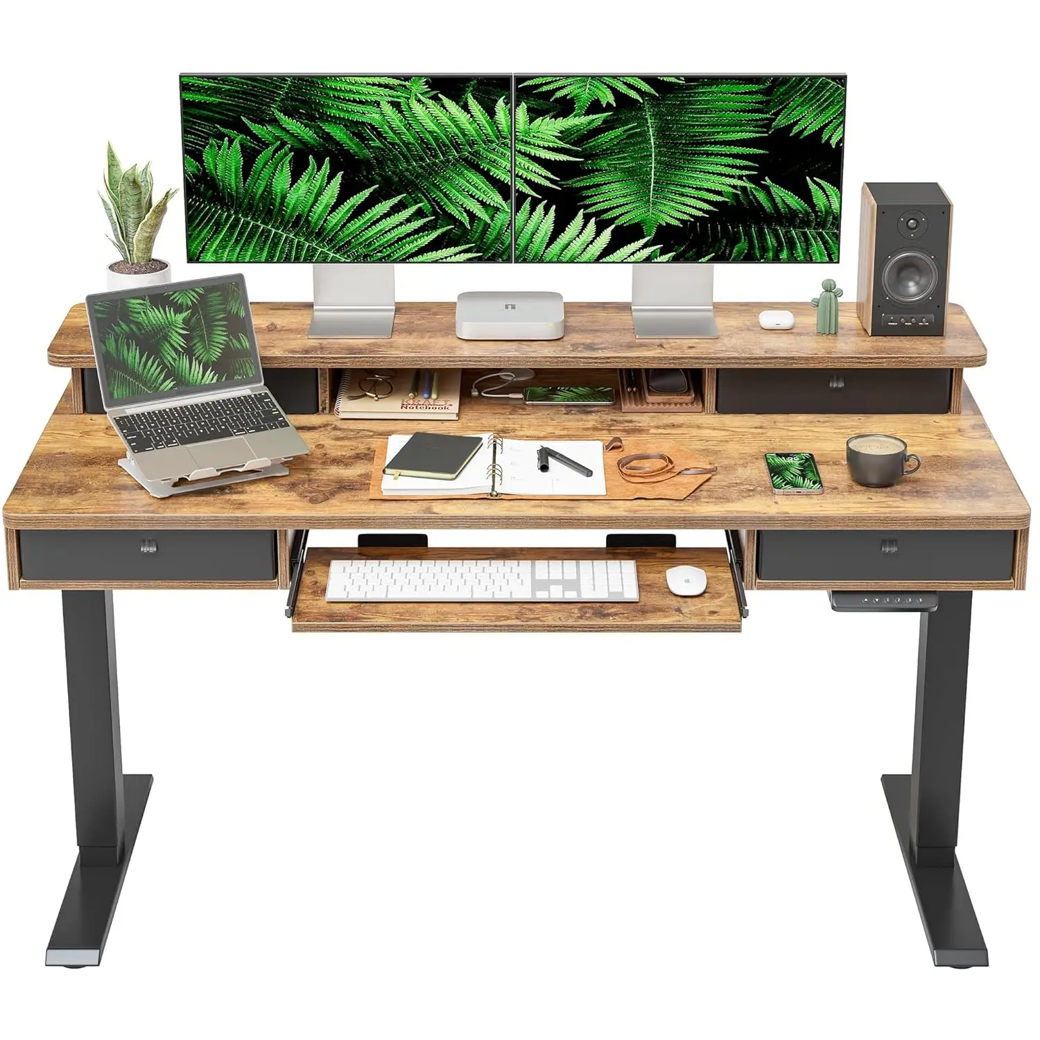 

Electric Height Adjustable Desk 55"x24" 4 Drawers Keyboard Tray Storage Sit Stand Brown, Customized