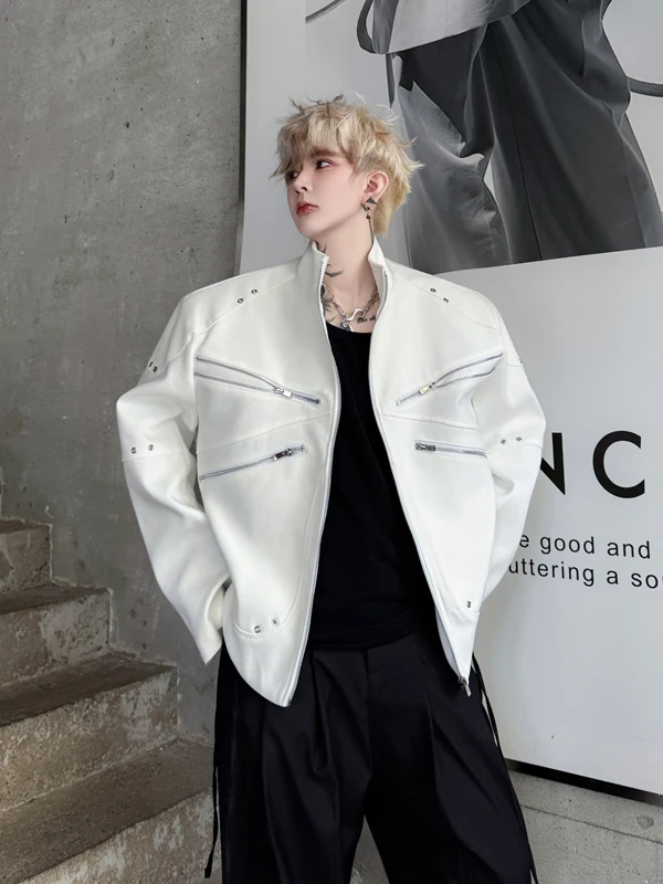 

TANGZ Studio American High Street Jaet Men's Loose Outerwear Zipper Decoration Front Long Ba ort Sli Youth Trend