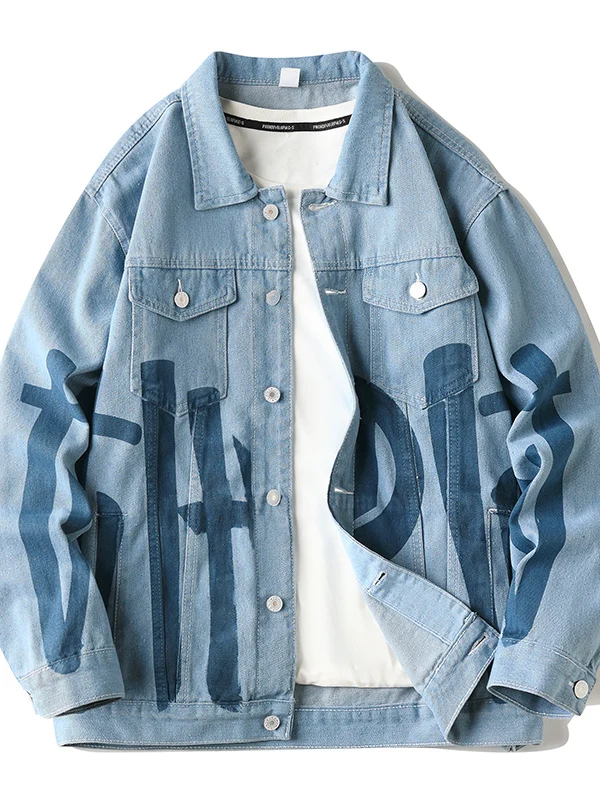 

Свободная повседневная мужская джинсовая куртка на весну-осень, модная брендовая куртка из смеси хлопка и полиэстера с длинными рукавами и отложным воротником