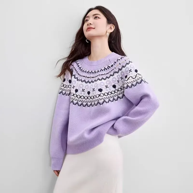 2025 Winter Clothes Comfortable Woman Pulls Femmes All-match Loose Simple Style Sweater Contrast Keeping Warm Vintage Commuting