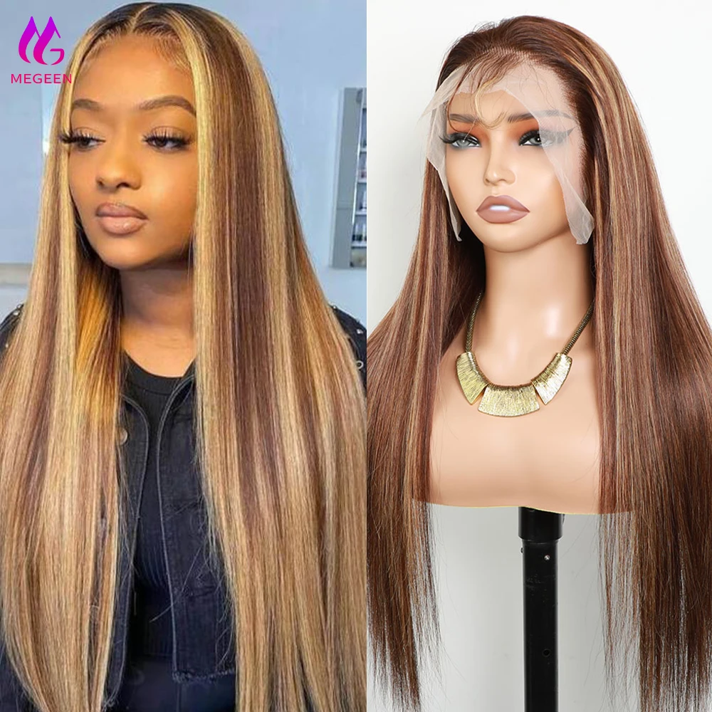 Megeen-Transparente Lace Frontal Peruca, Mel Loira, Hetero Colorido, Ombre, Remy Cabelo Humano, Destaque Peruca, P4, 27, 13x4