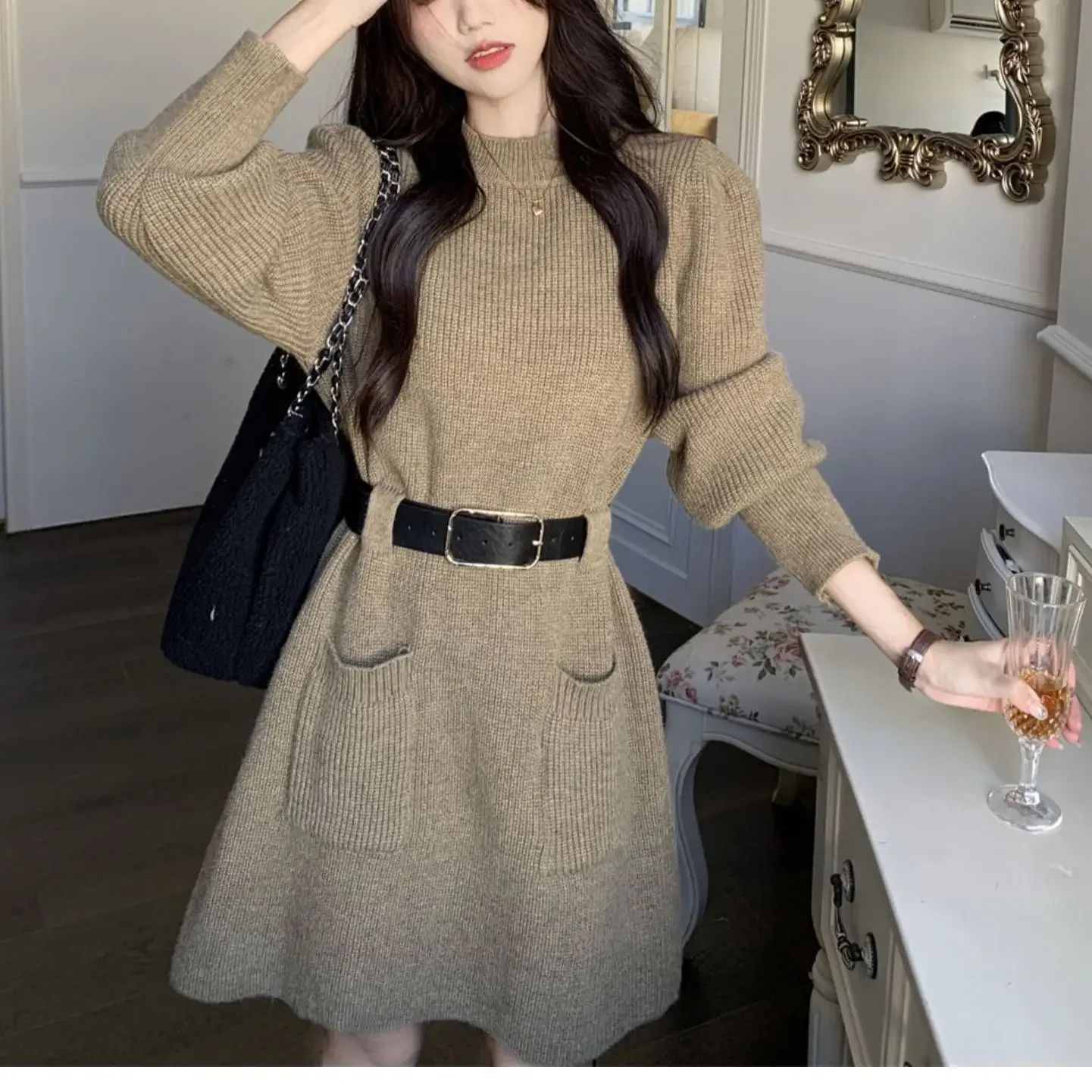 

New High-end Short Woolen Dress for Women, Autumn and Winter Long Sleeved Loose Knit Base Dress for Women