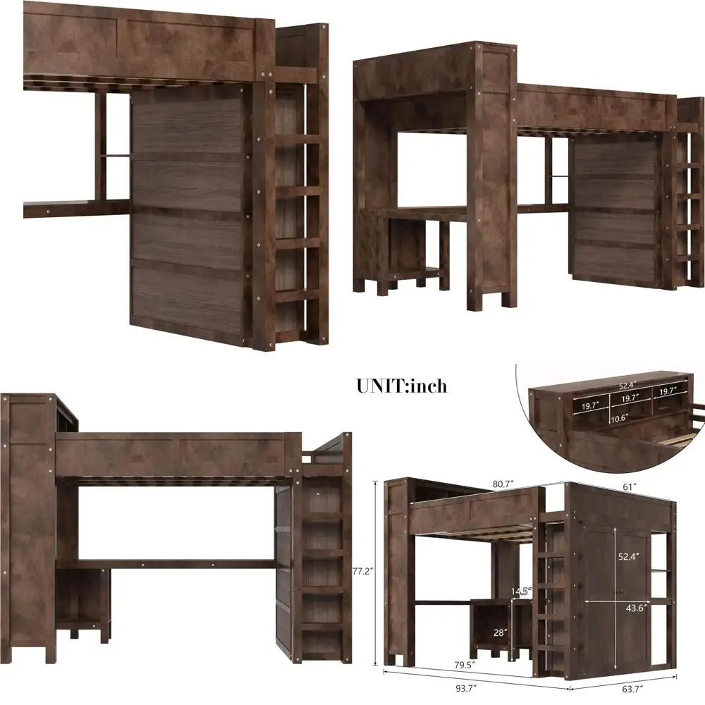 

Queen Size Wooden Bed Set with Wardrobe, Desk, Storage and USB Port, Suitable for Kids, Teens, and Adults (Brown)