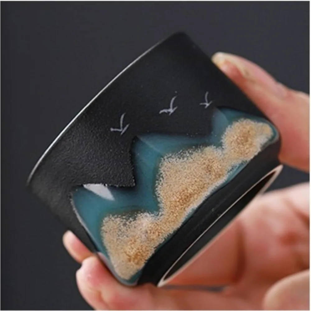 كوب شاي ماونتن فيو، طقم ساكي كوب صيني ياباني، طقم أكواب شاي أسود بنمط طيور ماونتن فيو (خمس قطع)، صغير الحجم #3