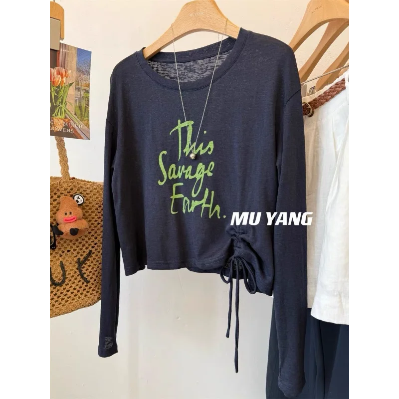 Letter Printed Drawstring Snowflake Loose Casual Long Sleeve Sun Protection T-shirt Crop Top