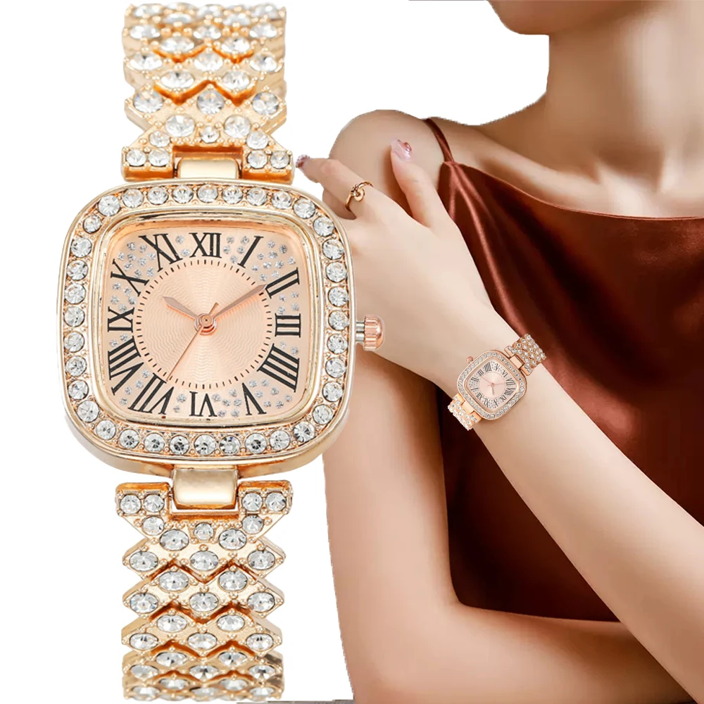 Fashion Women\'s Watch Metal Strap Square Luxury Full Diamond Rhinestone Inlay Strap Quartz Watch for Women Gift Clock