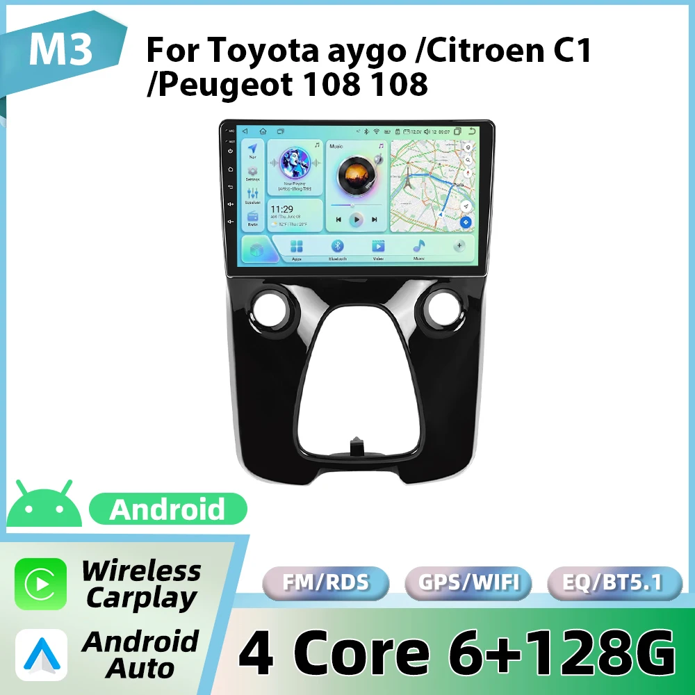 Podofo 10'' autoradio voor Toyota Aygo 2015/Citroën C1 2020/Peugeot 108 draadloze CarPlay Android autoradio WIFI GPS 2din radio