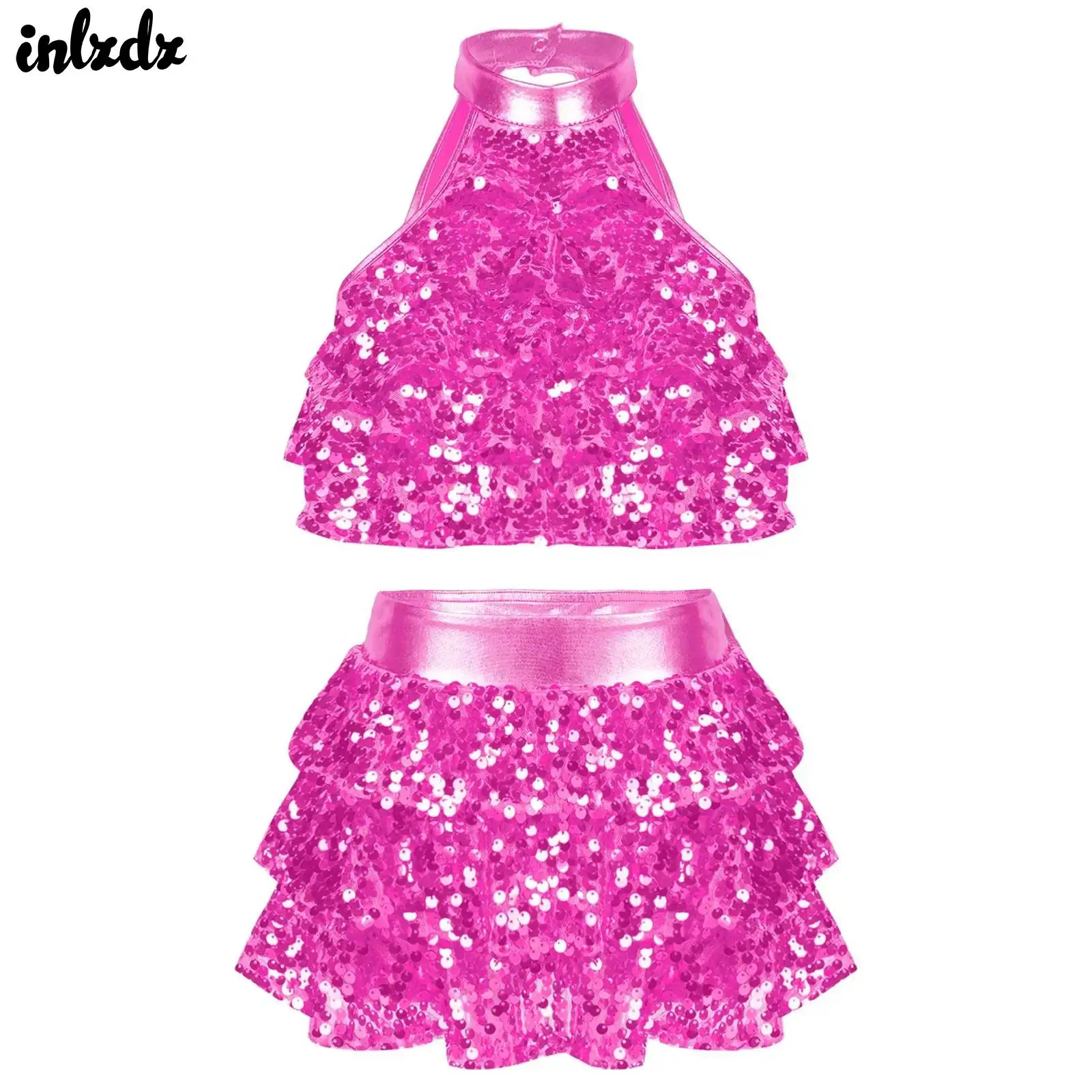 

Kids Girls Ballet Jazz Dance Performance Costumes Shiny Sequins Crop Top Metallic Vest with Metallic Skirted Shorts Culottes