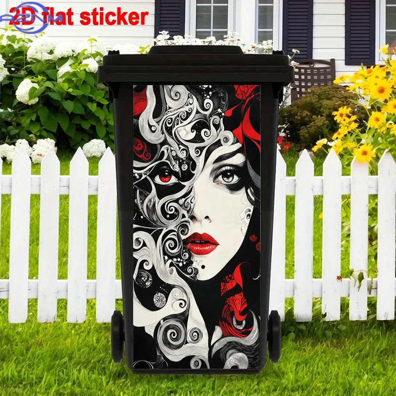 Graphic Portrait Trash Can Sticker Decoration, Red Lipstick Stickers, Swirl Design Self-Adhesive Art Stickers, Gothic Art Home