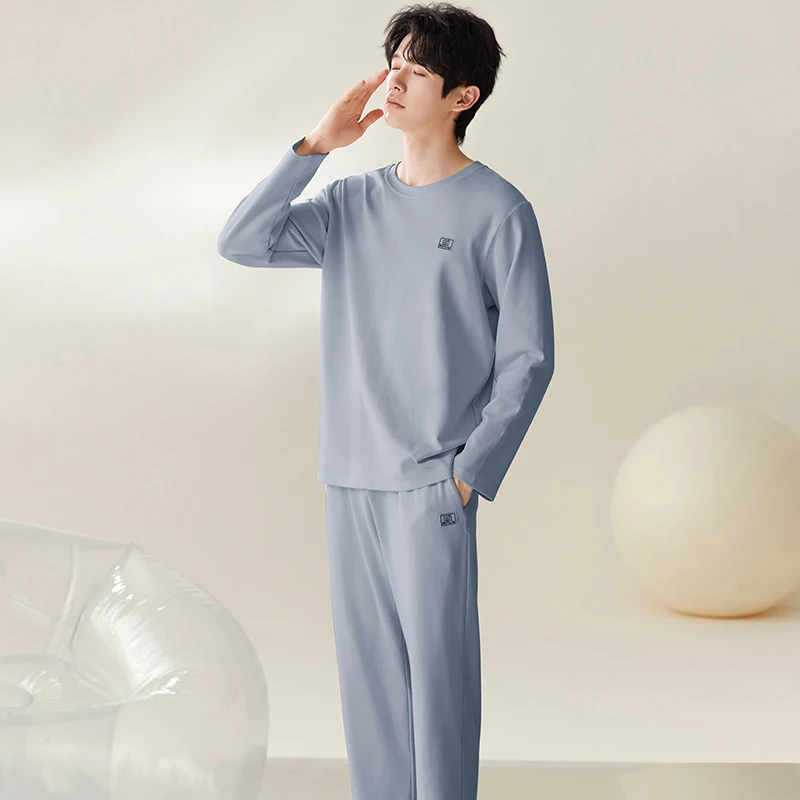 Men Pajamas Solid Color Casual Long Sleeves Long Pants Autumn Winter Simple Sleepwear Cozy Pijamas Soft Pyjamas Boys Nighty Male