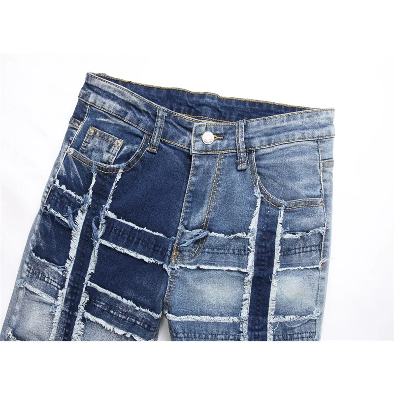 Patchwork skinny jeans men's motorcycle style fashion street slim fit nostalgic retro design blue punk trousers