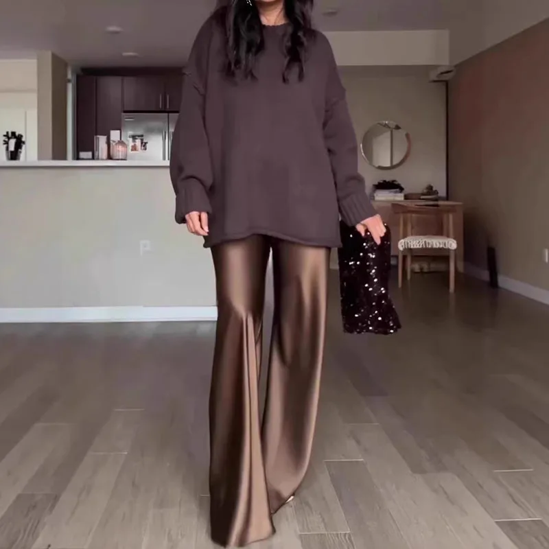 Spring New Elegant Loose Suit Office Ladies Fashion Straight Outfit Women's O-neck Long Sleeved Sweater and Pants Two Piece Set