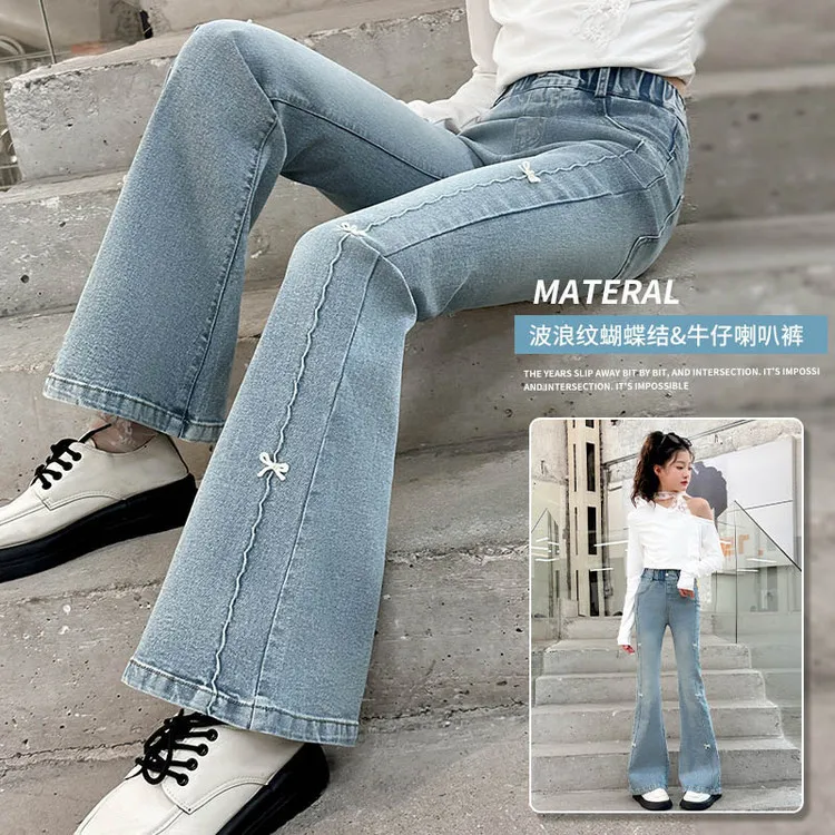 جينز بناتي 2025 جديد ربيع الخريف للأطفال لطيف الترفيه القوس الدنيم الأزرق الأطفال متوهج السراويل ملابس فتاة في سن المراهقة بنطلون 5-14 سنة #4