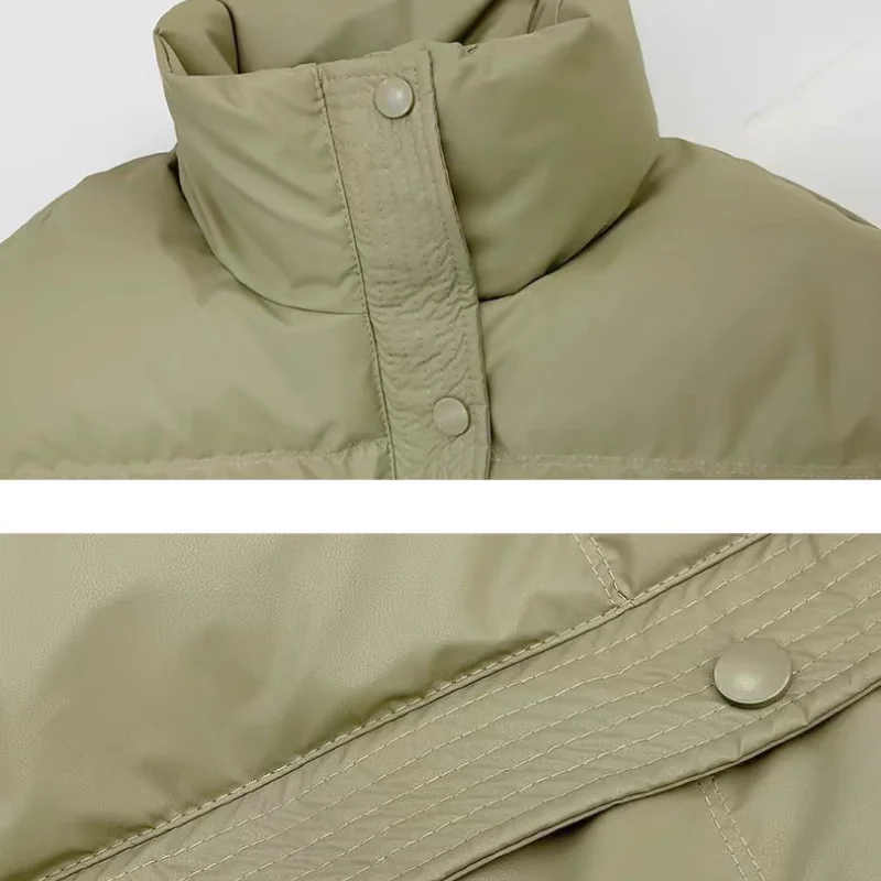 Parkas de cuello alto con cremallera y puños roscados para mujer, chaqueta impermeable, abrigos holgados de cuero PU, cintura elástica, ropa Y2K, Invierno