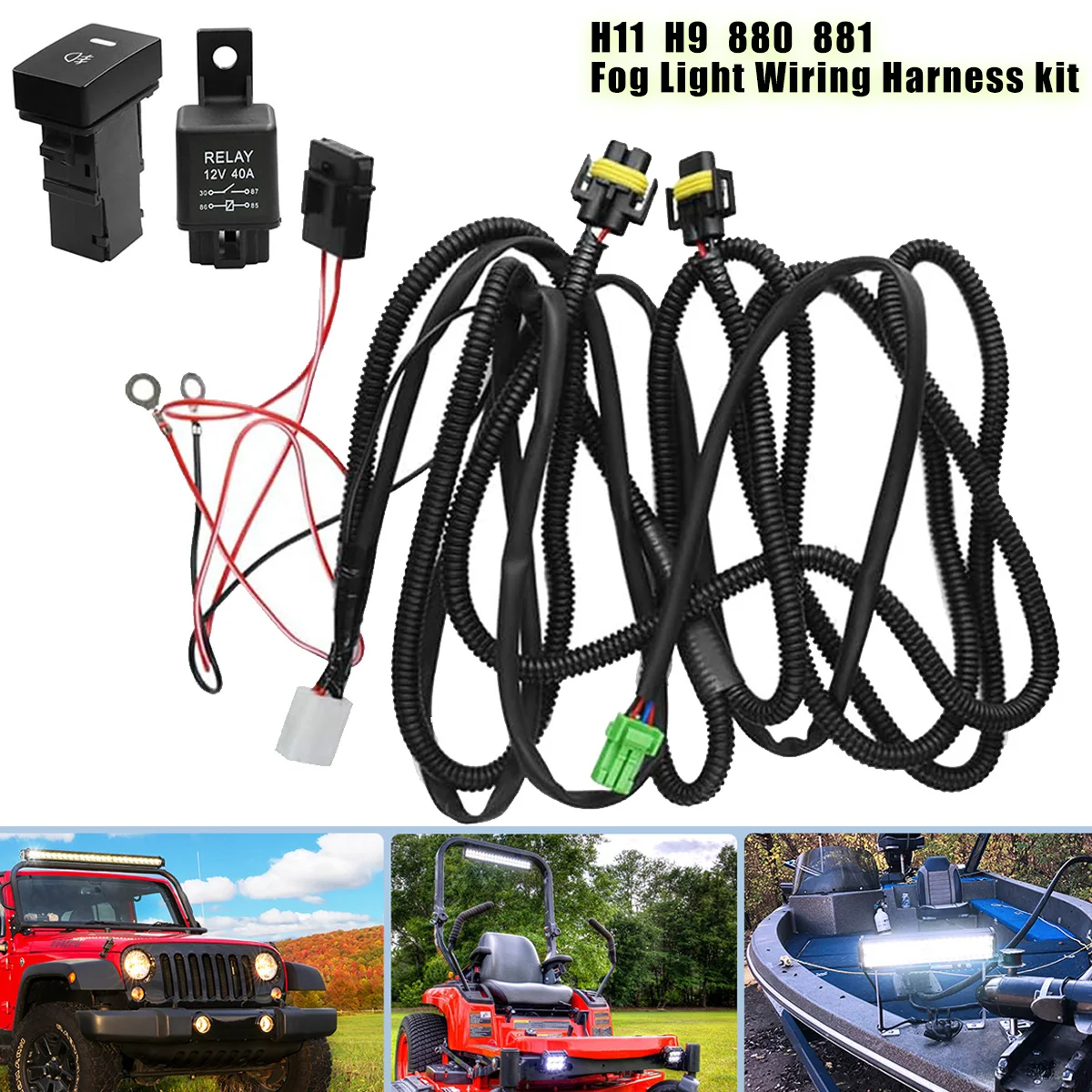 H11 H8 H9 880 881 Fog Light Wiring Harness Socket Wire Connector with 40A Relay ON/Off Switch Kits for Toyota GM Hyundai Accent