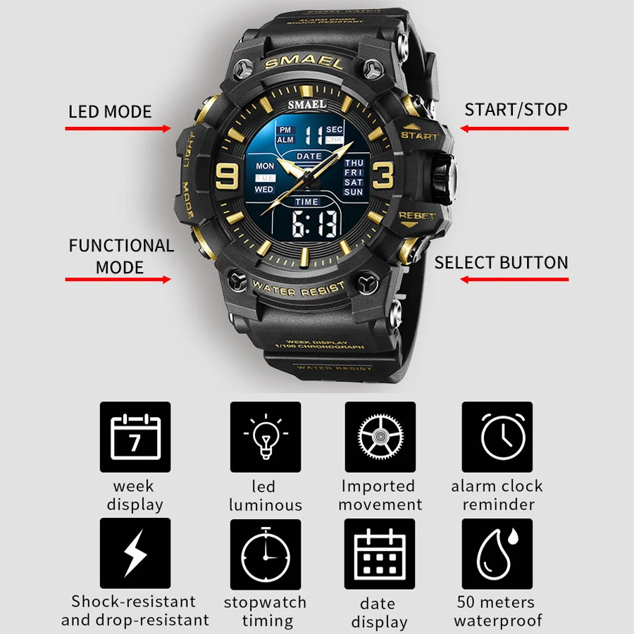 SMAEL Mens Watches Sports Digital Waterproof Clock Top Luxury Brand Dual Display Military Watch Men Wristwatch Relogio Masculino