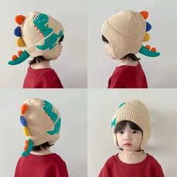 Chapéu bonito do inverno do dinossauro para meninas, Gorros infantis, Criança Knit Hats, Warm Earflap Caps