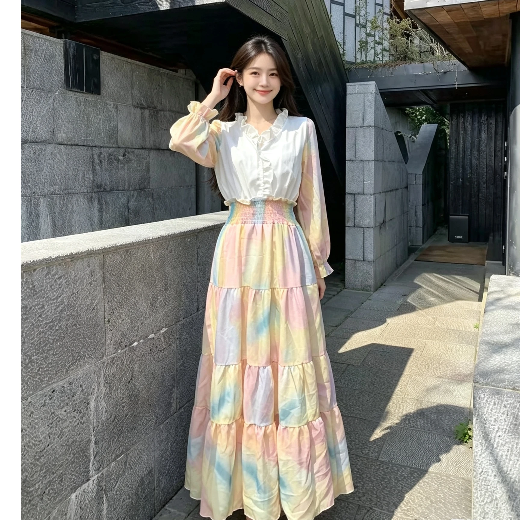 Gradual Rainbow Gradient Long Sleeve V-Neck Maxi Dress with Flared Skirt High Waist Korean Style Women's Fashion Spring Autumn