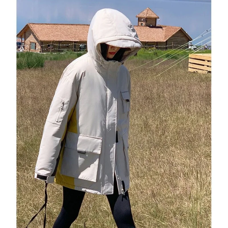 Women Purple White Color Block Hooded Windbreaker Jacket Oversized Multi Cargo Pocket Outdoor Winter Thermal Parka